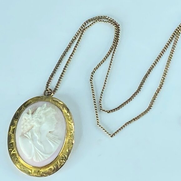 Victorian 10K/14K gold Carved Shell Cameo Goddess brooch pendant necklace JR400